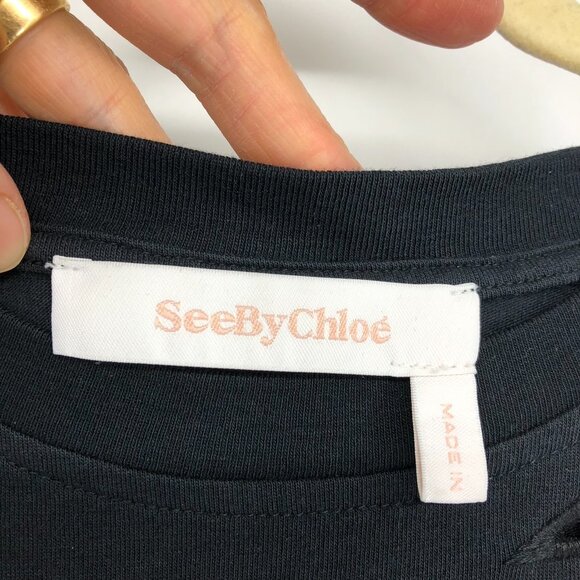 See by Chloe Black T-Shirt Mini Dress eyelets detailing & drawstring waist - Picture 4 of 15